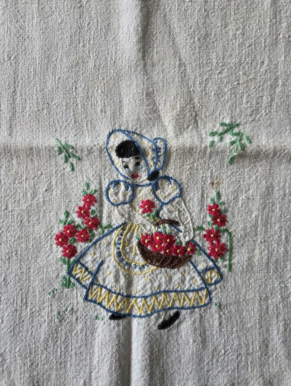 Vintage 1940s 1950s Hand Embroidered Dutch Girl Blue Stripe Linen Tea Towel